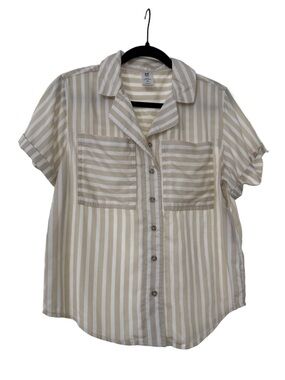 Striped Short-Sleeve Button-Up Top in Beige and White
